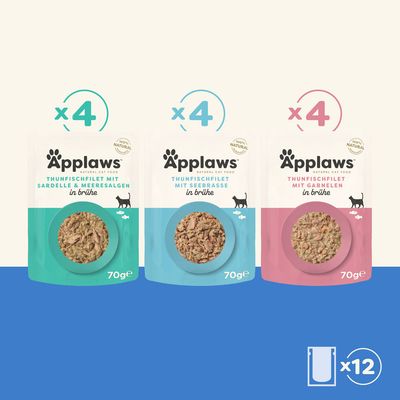 Applaws Natural Cat Food, Fish Selection in Broth. 12 x 70g: 4x fileti tune s inćunom i algama, 4x fileti tune s oradom, 4x fileti tune s kozicom. 100% prirodni sastojci.