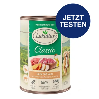 Lukullus Classic Nassfutter mit Ente und Kalb, Süßkartoffel, Apfel und Leinöl. Getreidefrei, 66% tierische Zutaten, Gemüse, Obst & Öle. 400g Dose. Jetzt testen.