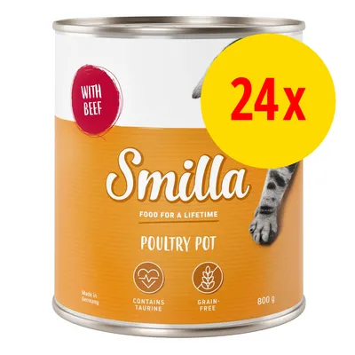 Smilla Poultry Pot, with beef, 24x800 g. Contains taurine, grain-free. Made in Germany. FOOD FOR A LIFETIME.