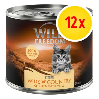 Pack of 12 cans, 200g each, labelled as 100% grain-free recipe, Wide Country Chicken with Veal for kitten.