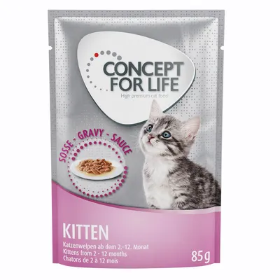 Concept for Life Kitten, sachet 85 g, nourriture pour chatons de 2 à 12 mois, mention sauce, image d’un chaton et d’une assiette de bouchées en sauce. Texte en anglais, allemand, français.