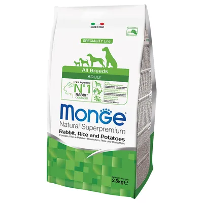 Monge Natural Superpremium Rabbit, Rice and Potatoes, Adult All Breeds, 2,5kg. Παρασκευάζεται στην Ιταλία. Ειδικότητα με κύριο συστατικό το κουνέλι. Ανακυκλώσιμη συσκευασία.