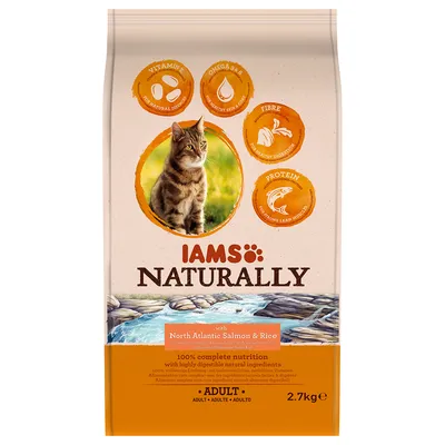 IAMS Naturally Adult Katzenfutter mit nordatlantischem Lachs und Reis, 2.7kg. Enthält Vitamin E, Omega-3 & -6, Ballaststoffe und Protein für eine gesunde Verdauung und Muskelaufbau.