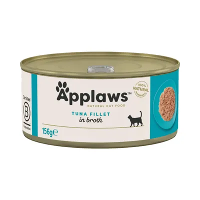Scatoletta Applaws Natural Cat Food, Tuna Fillet in broth, 156 g. Testi visibili: 100% natural ingredients, Certified B Corporation. Immagine di filetto di tonno su piatto azzurro.