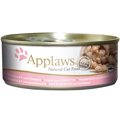 Scatoletta Applaws Natural Cat Food, filetto di tonno con gamberetti, 100% natural, testo multilingue visibile sull'etichetta.