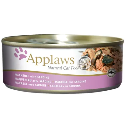 Scatoletta Applaws Natural Cat Food, 100% natural, mackerel with sardine. Testo visibile in più lingue e simbolo Dolphin Friendly.