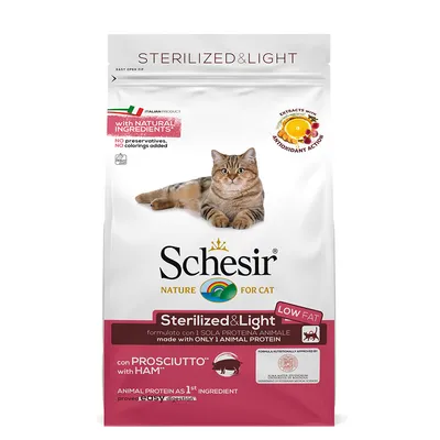 Schesir Sterilized & Light храна за котки с шунка, натурални съставки, без консерванти, основна съставка животински протеин, лесносмилаема, съдържа антиоксиданти. Schesir Sterilized & Light храна за котки с шунка, натурални съставки, без консерванти, основна съставка животински протеин, лесносмилаема, съдържа антиоксиданти.