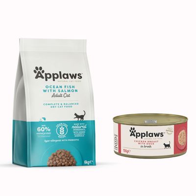 Applaws Natural Cat Food karma sucha dla kotów dorosłych Chicken with Salmon, 80% białka zwierzęcego, bez zbóż, puszka z piersią kurczaka i kaczką, znak procentowy oznaczający promocję.