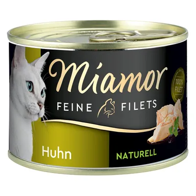 Miamor Feine Filets, pollo, naturale, 100% filetto. Cibo per gatti in lattina con immagine di gatto bianco e filetto di pollo.
