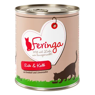 Boîte de nourriture pour chat Feringa, texte visible : Ente & Kalb, mit Brokkoli und Löwenzahn, 800 g. Illustration d’un chat près d’une gamelle.