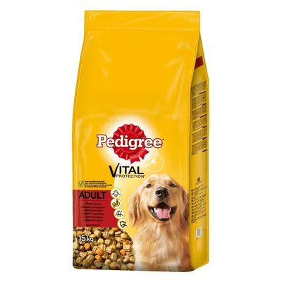 Pedigree Vital Protection Adult, manzo e verdure, 15 kg. Crocchette per cani con croccantini visibili e informazioni nutrizionali su confezione gialla.