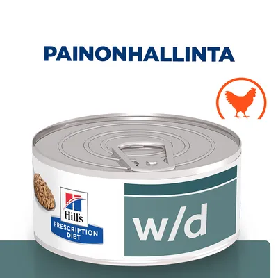 Hill's Prescription Diet w/d -märkäruokapurkki, etiketeissä teksti 'PAINONHALLINTA' ja kanasymboli näkyvissä.