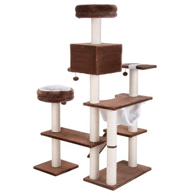 Игровой комплекс для кошек: многоуровневая конструкция с когтеточками, лежанками, домиком и гамаком, материал — плюш и сизаль, коричневый цвет.