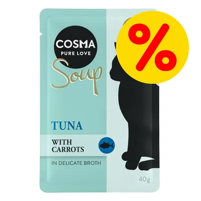 COSMA PURE LOVE Soup TUNA WITH CARROTS IN DELICATE BROTH 40 g, gul procenttegn for tilbud synligt på pakken