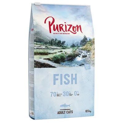 Purizon Fish per gatti adulti, 6,5 kg. Testo visibile: 70% ingredienti selezionati di origine animale, 30% frutta e verdura, 0% cereali, 44% proteine.