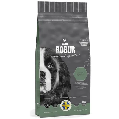 Bozita Robur Mother & Puppy XL, super funkcionalna hrana za pse, 82% životinjskih proteina, proizvedeno u Švedskoj, neto masa 14 kg.