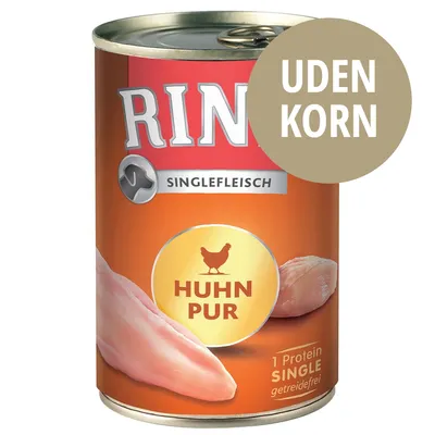 Rinti Singlefleisch dåse med teksten 'Huhn Pur', '1 Protein Single getreidefrei' og mærkat 'UDEN KORN' på forsiden. Billede af kyllingestykker synligt.
