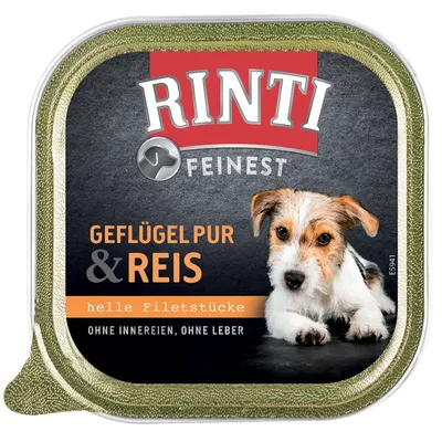 Embalagem de comida para cão Rinti Finest. Texto visível: Geflügel pur & Reis, helle Filetstücke, ohne Innereien, ohne Leber.