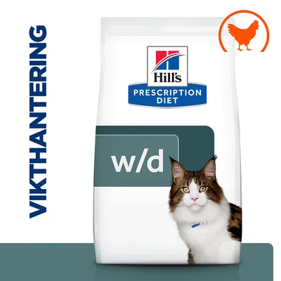 Hill's Prescription Diet w/d kattmat, text: VIKTHANTERING, bild på katt och orange siluett av kyckling