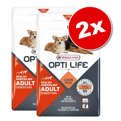 Lot de 2 sacs Versele-Laga Opti Life Maxi Medium Adult Digestion, agneau et riz, pour chiens >10 kg. Texte visible : 77 % protéines animales, sans gluten, antioxydants naturels.