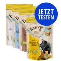 Vier Feringa Crunchy Bites Sorten: with Chicken & Cheese, Beef, Salmon, Yoghurt. Aufschrift: JETZT TESTEN. Verpackungen mit Katze und Zutatenabbildungen.