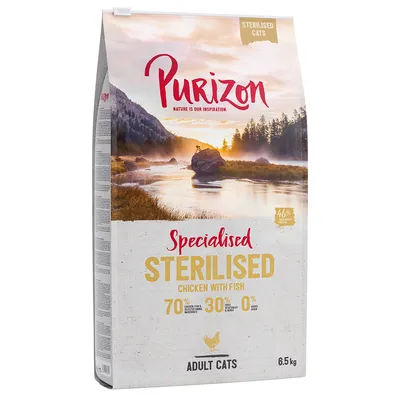 Purizon Sterilised Cats, Specialised Chicken with Fish, 70 % živočišných složek, 30 % zeleniny a bylin, 0 % obilovin, pro dospělé kočky, 6,5 kg.