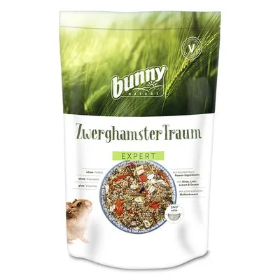 bunny nature ZwergHamsterTraum EXPERT, afbeelding van gemengd voer in kom, tekst: zonder pellets, zonder extrudaten, plus vitaminen, 24/7 eetbaar, met hennep, lijnzaad, sesam en boekweit