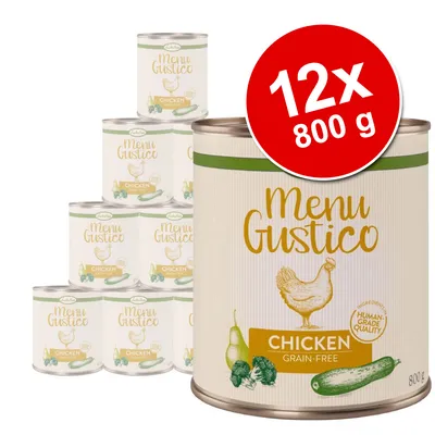 12x800 g Menu Gustico Chicken Grain-Free, burkar med synlig text: 'Human-Grade Quality', illustration av kyckling och grönsaker på etiketten.