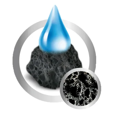 Illustrazione di una goccia blu su materiale nero poroso, con dettaglio ingrandito del materiale. Rappresentazione della capacità di assorbimento.