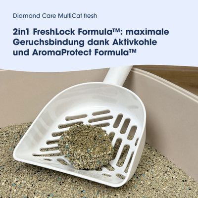 Diamond Care MultiCat fresh 2in1 FreshLock Formula: maximale Geruchsbindung durch Aktivkohle und AromaProtect Formula, Streuschaufel mit Klumpen in Katzentoilette