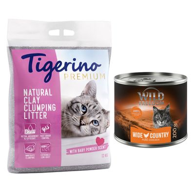 Kombi-Paket: Tigerino Premium Katzenstreu 2 x 12 kg + Wild Freedom Trocken- & Nassfutter Babypuderduft + Wide Country - Huhn pur - 200 g Nassfutter