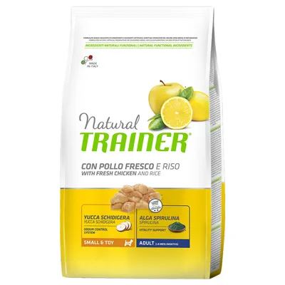 Natural Trainer CON POLLO FRESCO E RISO, SMALL & TOY, ADULT (8+ mesi/months), Yucca schidigera, Alga spirulina. Made in Italy. Kuvassa sitruuna, omena ja kananpaloja.
