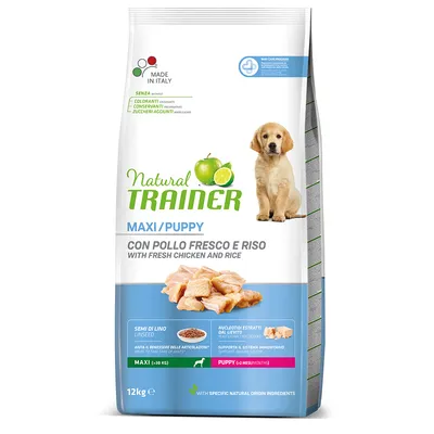 Natural Trainer Maxi/Puppy dog food with fresh chicken and rice, 12kg. Made in Italy, free from colourants, preservatives or added sugar. Suitable for puppies over 2 months.