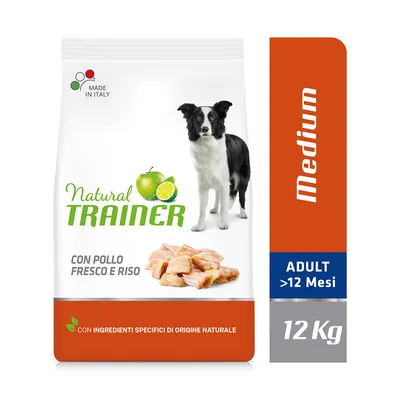 Natural Trainer Medium ADULT >12 Mesi, 12 kg. CON POLLO FRESCO E RISO. Vyobrazen pes, zelené jablko, limetka a kousky masa. MADE IN ITALY. Složení: ingredience přírodního původu. Natural Trainer Medium ADULT >12 Mesi, 12 kg. CON POLLO FRESCO E RISO. Vyobrazen pes, zelené jablko, limetka a kousky masa. MADE IN ITALY. Složení: ingredience přírodního původu.