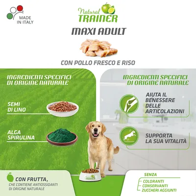 Natural Trainer Maxi Adult med kylling og ris. Ingredienser: semi di lino, alga spirulina. Med frugt, uden farvestoffer, konserveringsmidler, tilsat sukker. Made in Italy. Tekst på italiensk.