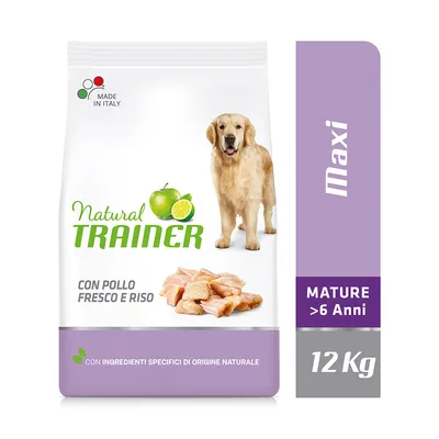 Natural Trainer kutyatáp Maxi, friss csirkével és rizzsel, 6 év feletti kutyáknak. Made in Italy, 12 kg csomag.