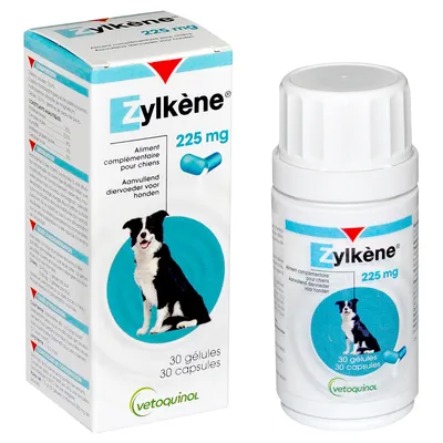 Zylkène 225 mg, 30 kapsułek, Vetoquinol. Opakowanie i butelka z wizerunkiem psa oraz napisem: Aliment complémentaire pour chiens, 30 gélules, 30 capsules.
