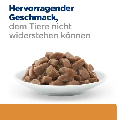 Texte en allemand : Hervorragender Geschmack, dem Tiere nicht widerstehen können. Assiette de bouchées en sauce pour animaux.