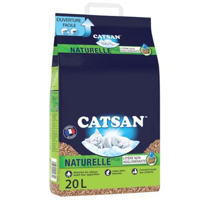 Catsan Naturelle Plus cat litter, 100% compostable, 20L. NF certificate for biodegradability. Packaging shows sleeping cat and litter material.