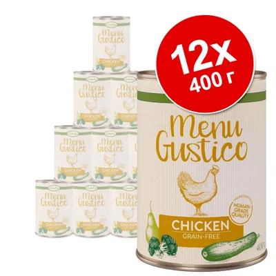 Набор из 12 консерв Menu Gustico Chicken Grain-Free по 400 г. На банке изображены курица, брокколи и кабачок. Видна надпись: Human Grade Quality.