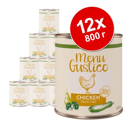 12 консервов Menu Gustico Chicken Grain-Free по 800 г. На упаковке изображены курица, груша, брокколи и кабачок. Видна надпись: Human Grade Quality.