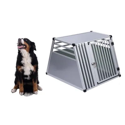 Zilveren honden transportbox van metaal met traliedeur en afgeschuind dak, naast een zittende hond.