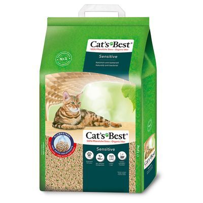 Cat's Best Sensitive kattenbakvulling, 100% plantaardige vezels. Pictogrammen: klontvormend, absorberend, geurbindend, geschikt voor gevoelige katten. Tekst in Engels.