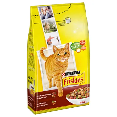 Purina Friskies kissanruoka, naudanliha, kana ja vihannekset. Pakkauksessa oranssi kissa, kulhollinen ruokaa, paino 1,5 kg. Tekstit: The Friskies Promise, Complete Nutrition. Purina Friskies kissanruoka, naudanliha, kana ja vihannekset. Pakkauksessa oranssi kissa, kulhollinen ruokaa, paino 1,5 kg. Tekstit: The Friskies Promise, Complete Nutrition.