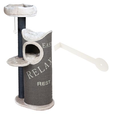 Arbre à chat avec griffoir, niche, plateforme, panier en haut et balle suspendue. Textes visibles : EASY, RELAX, REST sur la surface du griffoir.