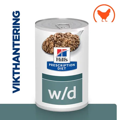 Hill's Prescription Diet w/d våtfoderburk med synlig mat, texten 'VIKTHANTERING' och en orange kycklingsymbol.