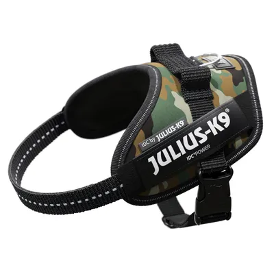Julius-K9 IDC Power hondentuig met camouflage-design en reflecterende naden.