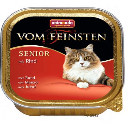 Корм для кошек animonda Vom Feinsten SENIOR mit Rind. На упаковке изображена кошка, текст на немецком, французском, итальянском и нидерландском языках.