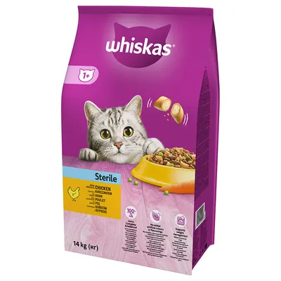 Whiskas Sterile crocchette con pollo, 14 kg. Per gatti da 1 anno. 100% bilanciato, senza coloranti o aromi artificiali, aiuta il controllo del peso.