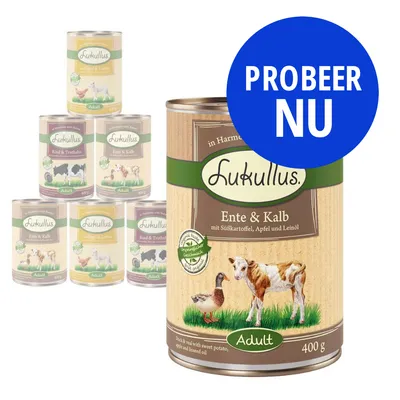 Lukullus Adult natvoer blik 400 g, varianten: Ente & Kalb met zoete aardappel, appel en lijnzaadolie. Grote blauwe cirkel met tekst: PROBEER NU.